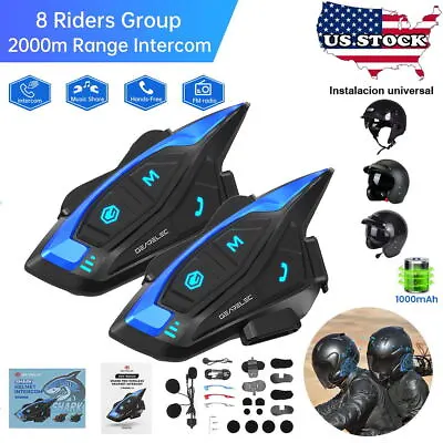 2000M Intercom Bluetooth Motorcycle Helmet Interphone Headset For 8 Riders IP65 • $52.99