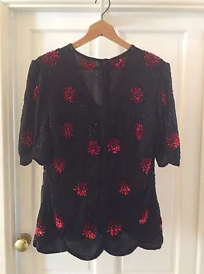 £9.99 • Buy AFTER SIX Ronald Joyce . Black & Red Beaded & Sequin Silk Top. SIZE 12 