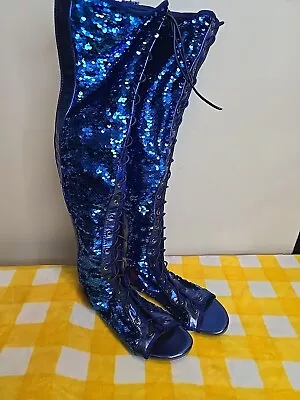 Cape Robbin Shoes Womens 8 Blue Sequin Lace & Zip Up Knee High Flat Sandals • $15.16