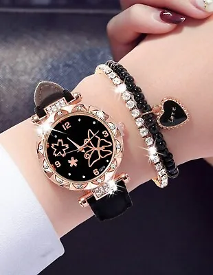 Watch And Bracelet Set Ladies Women Girls Fashion Rhinestones Wristwatch Gift • £9