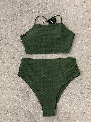 ZAFUL Bikini 2pc Swimsuit Womens Sz XL (10) Olive Green Textured High Cut Strap • $19.94