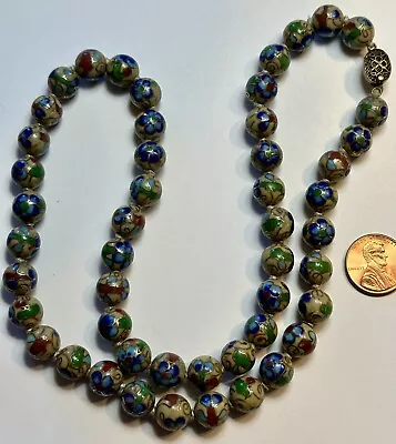 Vtg Chinese Cloisonné Enamel Bead 23” Necklace Blue Green Red Gold Knotted • $25