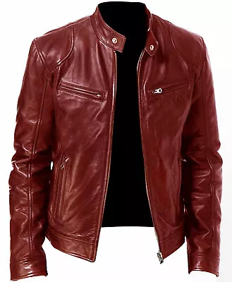 Men's Biker Jacket Motorcycle Zip Up Tops Coats Collar Outwear Leather Plus Size • $38.21