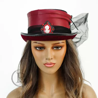 Red Steampunk Hat Victorian Tea Party Tall Hat Venetian Hat With Veil • $32.95