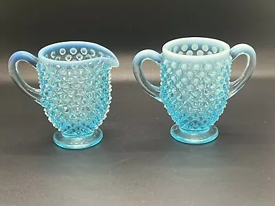 Vintage Fenton Milk Glass Blue Opalescent Hobnail Sugar And Creamer Set • $24