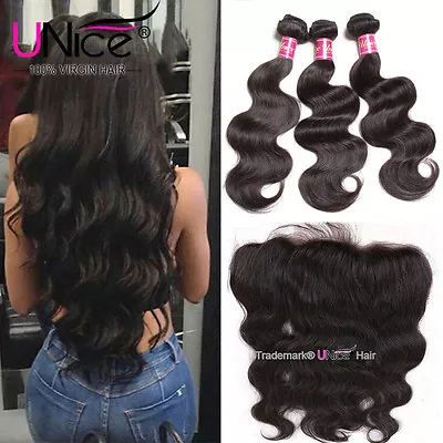 UNice Malaysian Body Wave Human Hair 3 Bundles With Lace Frontal Hair Extensions • $216.03