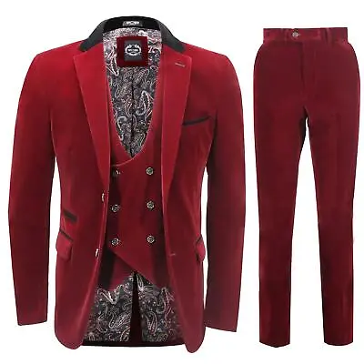 Mens 3 Piece Velvet Suit Maroon Tailored Jacket Waistcoat Trousers Wedding Party • £199.99