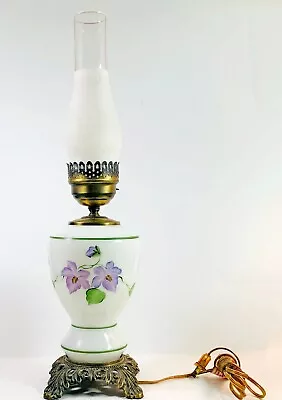 Milk Glass Table Lamp W/Hurricane Chimney Floral 3-Way L&L 22   C380 • $17.95