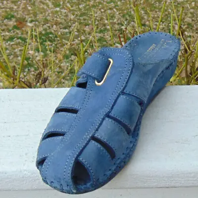 La Plume Blue Suede Leather Wedge Slide Sandal Open Back Shoe Moc Stitcer~38/7.5 • $19