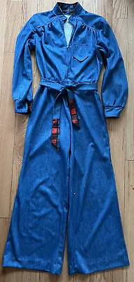 VTG Women’s 70’s 1 Pc DISCO Jumpsuit Poly Denim Wide Leg Plaid Zip Front S Belt • $149.95