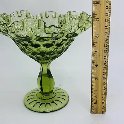 Vtg Green Glass Thumbprint By Fenton Pedestal Compote Dish Ruffled Edge • $20