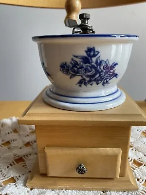 Vintage Coffee Bean Grinder With Porcelain Bowl And Wooden Drawer • $90