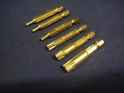 Set Of 6 TORX Star GOLD 50mm Screwdriver Bits 1/4  Hex T9 T10 T15 T40 T45 T50 • £5.99
