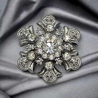 Fleur De Lis Brooch Vintage Renaissance Pic Crystal Silver Tone Estate Jewelry • $28