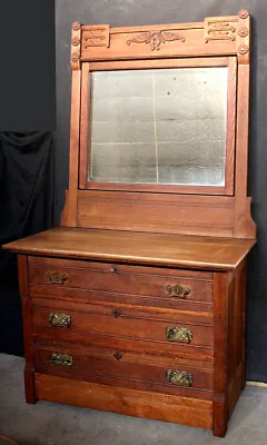 Antique Vintage Eastlake Oak Wood Wooden Dresser Chest Vanity Beveled Mirror Key • $799.99