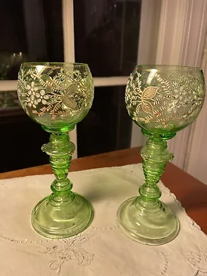 Moser Antique Pair Hand Enameled Green Blown Glass Goblets • $189