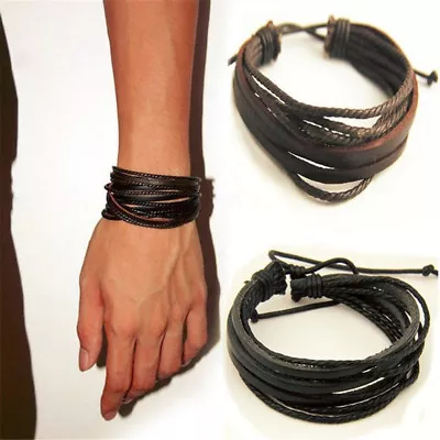 Mens Boys Handmade Leather Braided Surfer Wristband Bracelet Bangle Wrap • £1.99