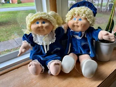 Rare VINTAGE 1985 Cabbage Patch TWINS Blonde Hair Blue Eyes Blue Velvet Outfit • $19.99