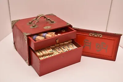 ATQ MAH JONGG SET BONE BAMBOO RARE HAND Carved Mahjong THICK TILES Red Wood Case • $335.48