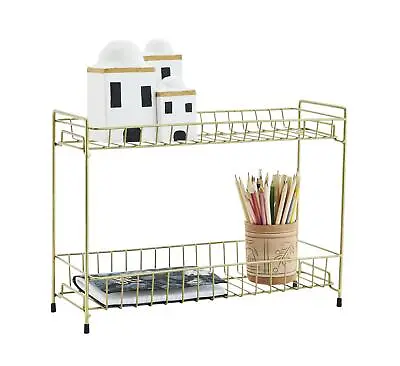 2 Tier Gold Wire Standing Shelf Brass Wire Mesh Shelving Display Stand Unit • £38