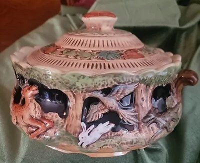 Antique Majolica? Soup Tureen W Lid Woodland Scene Deer Rabbit Fox Forest Scene • $99.99