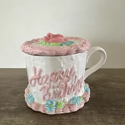 Vintage Teleflora Happy Birthday Floral Cake Mug Covered Coffee Cup • $65