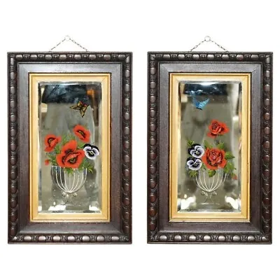 Unique Pair Of Antique Italian Venetian Carved Reverse Painted Floral Mirrors • £1350