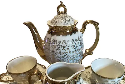 Vintage Japanese Ceramic Gold Gild Tea Set For 4 With Teapot Sugar & Cream Jug. • $99