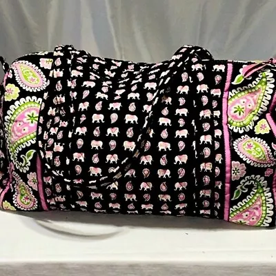 Retired Vera Bradley Black & Pink Elephant Quilted Duffle Carry On Travel Bag • $28