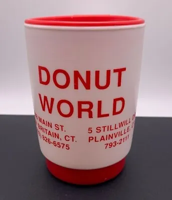 DONUT WORLD Red & White Plastic Coffee Mug Travel Vintage 1990's Connecticut • $10.95