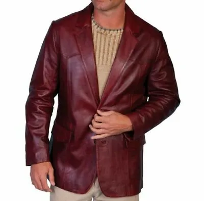 Men's High Quality Burgundy Genuine Lambskin Leather Blazer Real TWO BUTTON Coat • $119.20