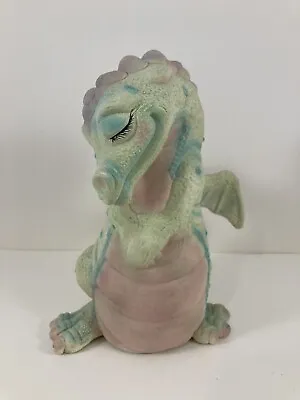 $35 • Buy Ceramic Pottery Dragon, Unglazed, Heart Tail, 7”, Clay, Hand Painted, Pink Green
