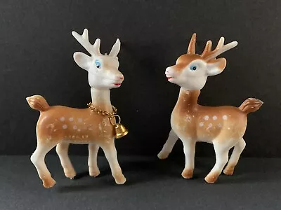 Two VTG Plastic Reindeer Deer Figures Swivel Head Blue Eyes Christmas Hong Kong • $12