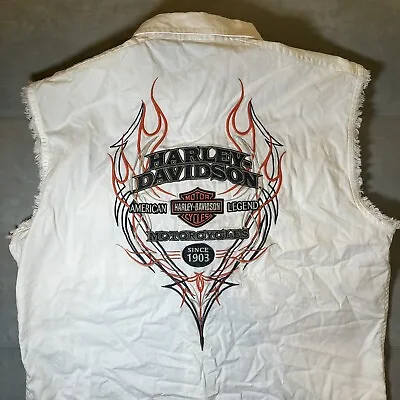 Harley Davidson Vest Men’s M White Denim Light Wash Distressed Flames Biker EUC • $28.87