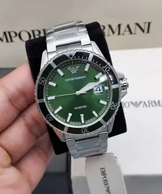 New Emporio Armani Mens Watch Stainless Steel Silver Tone & Green Dial Ar11338 • £92.99