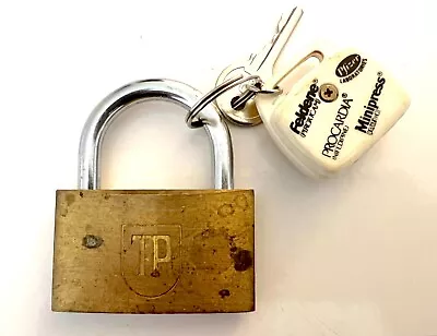 Vintage Antique Large Solid Brass TP Lock Padlock And Original Key & Keychain • $45