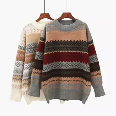 Korean Style Striped Sweater Argyle Sweater Knit Jumpers Loose Pullover Winter • $37.10