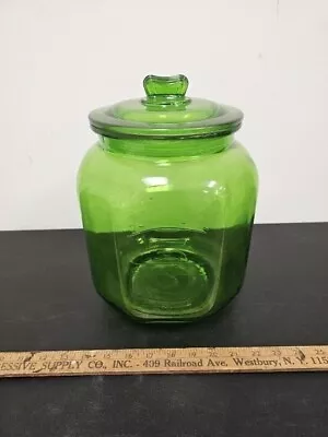 Vintage Retro Green Glass Peanuts 5  Cents Salted Jar With Lid  • $56.69