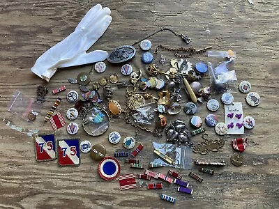 Vintage Junk Drawer Lot Military Pins Medals Jewelry Patches Pocket Knife WW2 • $10.63