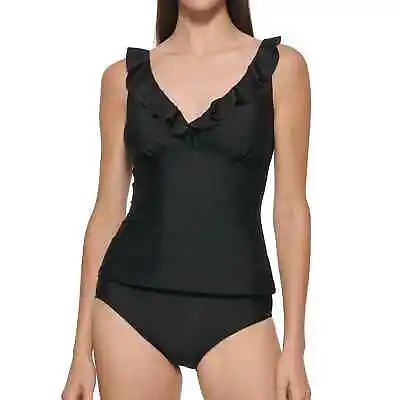 DKNY Women's 2 Piece Ruffled Tankini Swimsuit BLACK SMALL • $16.99