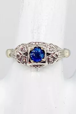 Vintage 1930s DECO $2400 .85ct Natural Ceylon BLUE Sapphire 18k White Gold Ring • $485