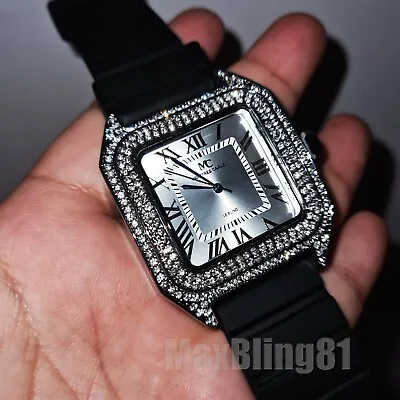 Hip Hop Silver Pt Iced Black Silicone Band Square Lab Diamond Bling Wrist Watch • $23.99