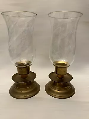 Set Vintage Gatco Brass & Etched Glass Hurricane Light Taper Candle Holder 9.5” • $36