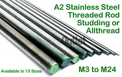 A2 STAINLESS STEEL Threaded Rod STUDDING M3 - M24 Diameter  All X 1 Mtr Lengths • £1.35