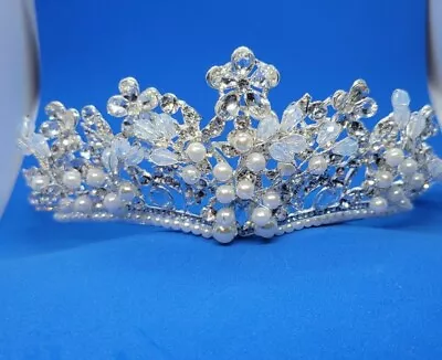 $17.99 • Buy Queen Tiara Crown Wedding Bridal Party Prom Pageant-Silver Floral Faux Pearl