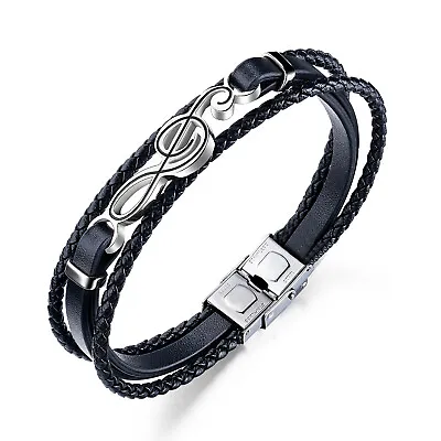 Men Musical Note Braided Leather Bracelet Rope Cuff Bangle Stainless Steel Clasp • $9.99