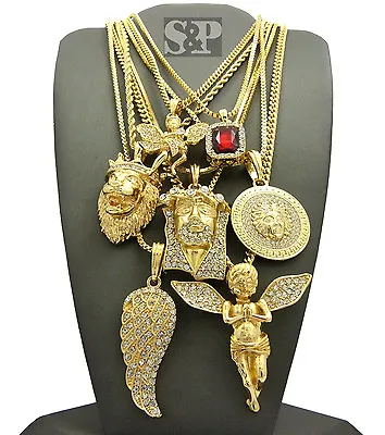 Hip Hop Iced Red Ruby Angel Medusa Jesus Lion Wing Pendant 7 Necklace Set • $75.99