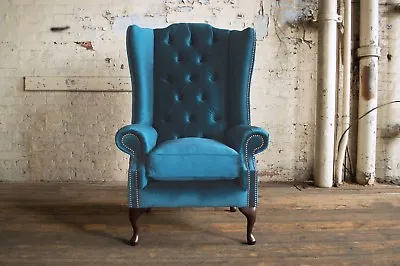Handmade Plush Teal Blue Velvet Chesterfield Wing Chair High Back Queen Anne • £695