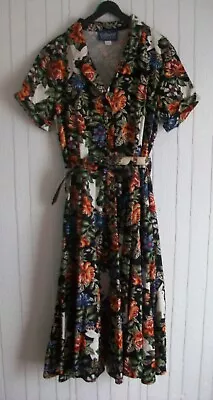 Collectif Vintage Black Orange Green White Dress Size 16 • £20