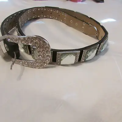 Ladies BHW Black Leather Mirrors & Rhinestones Belt - Size M-NEW • $69.99